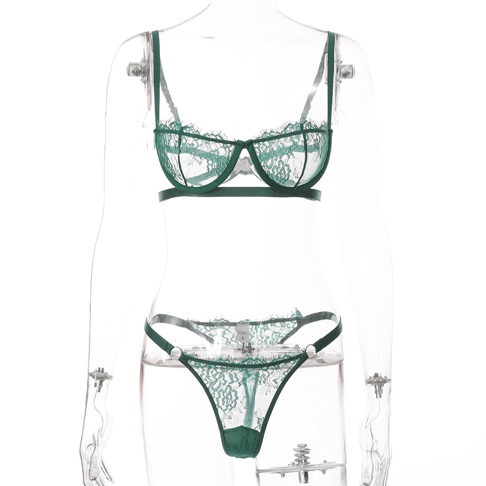 Temptation Transparent Lace Bra Seducive Lingerie Garter Set Sexy Push Up Underwire Open Cup Bra Underwear Panties Garter Set