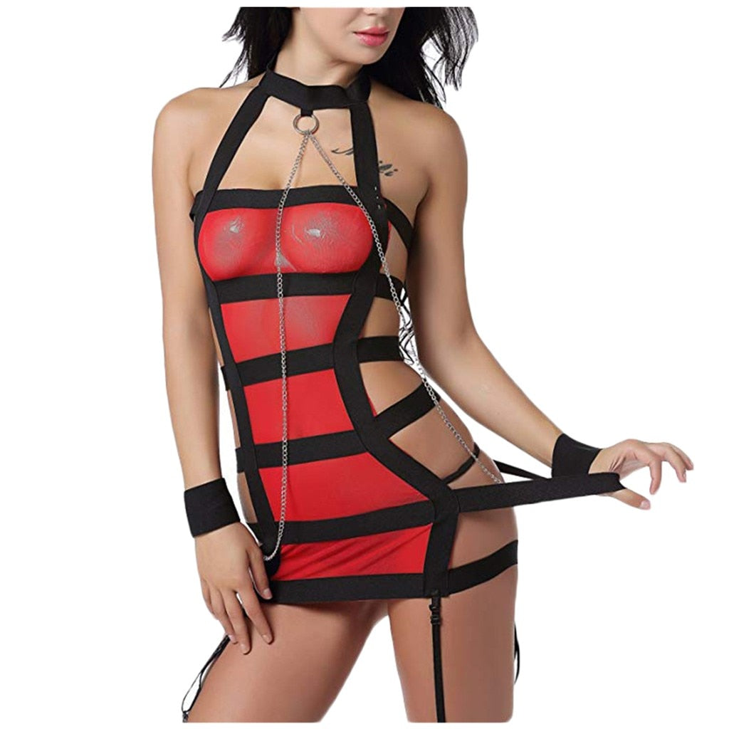 Sexy Lingerie Erotic Babydoll, Role Playing BDSM Strappy Mesh Backless Exotic withcuffs Set