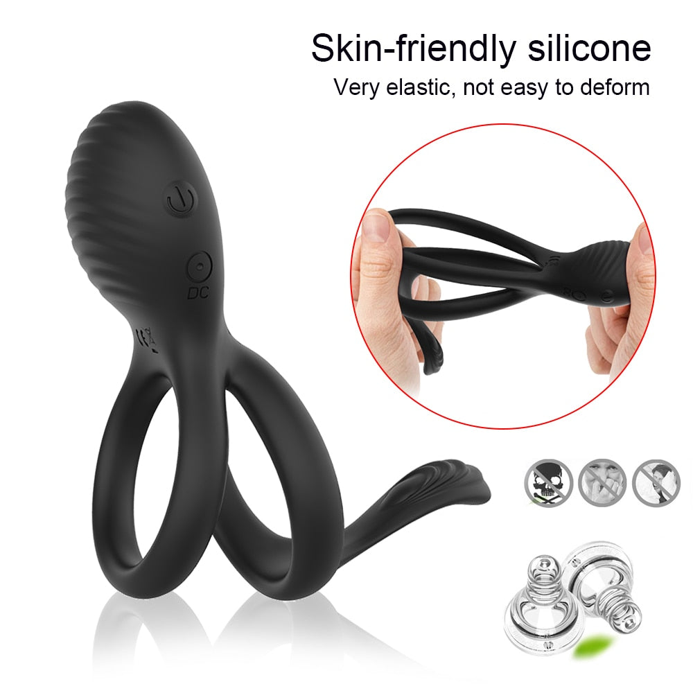 Vibrating Dual Penis Ring Premium Stretchy Soft Cock Ring 7 Vibration Modes Erection Enhancing Sex Toys for Men and Couples Play