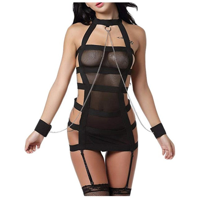 Sexy Lingerie Erotic Babydoll European and American Women&#39;s Underwear Role Playing BDSM Lace Mesh Backless Exotic Handcuffs Set